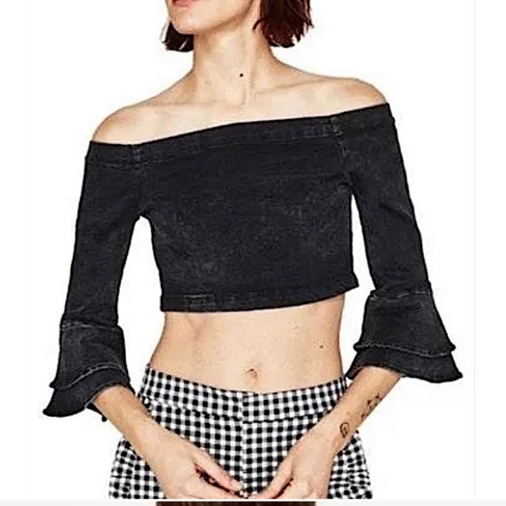 Zara Premium Washed Denim Black Ruffled Women's Crop Top NWT